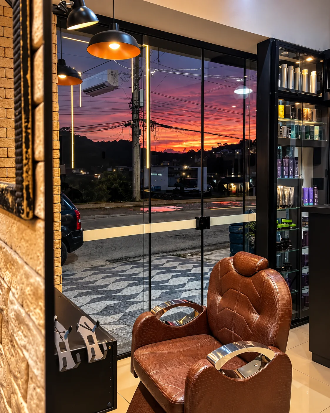 Ambiente interno da barbearia com cadeira clássica e vista para o entardecer