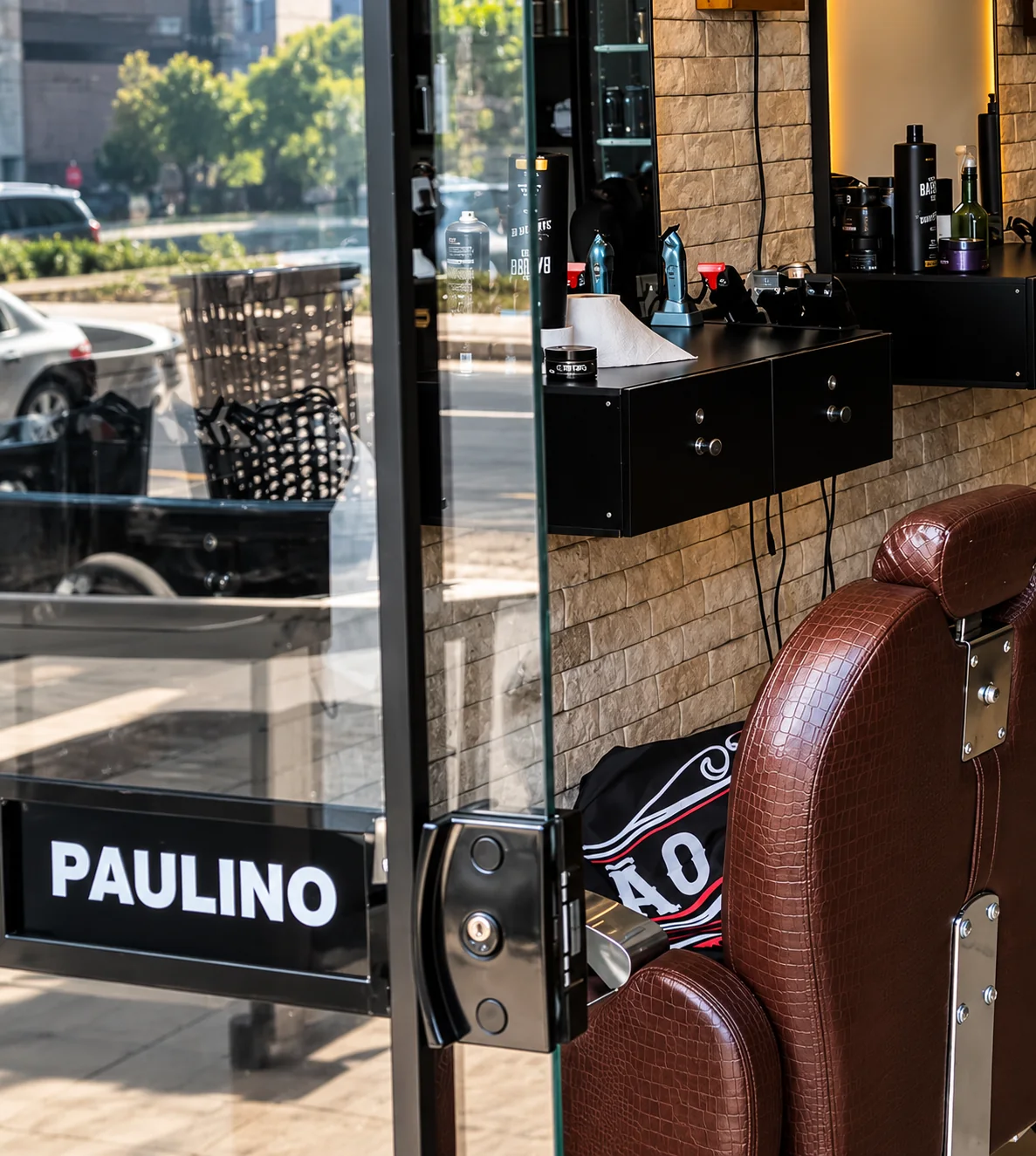 Cadeira e estrutura de atendimento dentro da Barbearia São Paulino